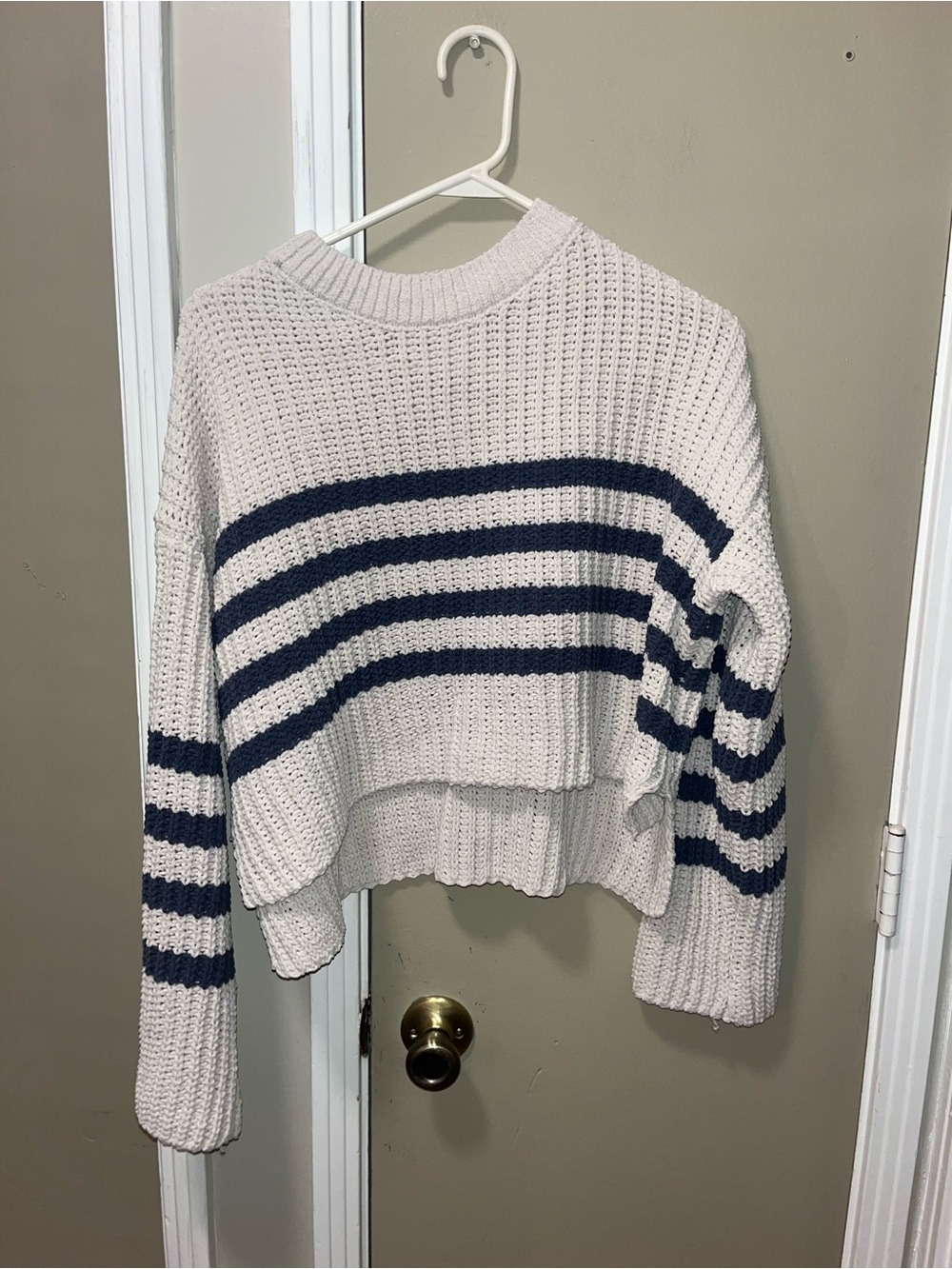 Pink Rose Cream Cropped Crewneck Sweater with Navy Stripes
